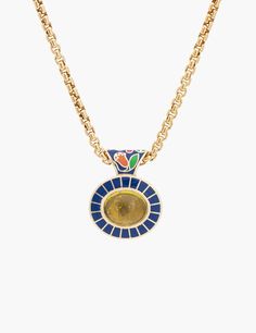 This 14k yellow gold pendant features a 4.27ct yellow tourmaline cabochon with colorful enamel. Our signature cobalt blue enamel stripes on the front with a playful and bold floral pattern on the back. Pictured on our 20" box chain. Pendant measures approximately 23 mm x 19 mm including the bail. Handmade in Los Angeles Gold Enamel Necklace With Cabochon, Gold Enamel Necklaces With Cabochon, Round Pendant Necklace With Enamel And Cabochon, Enamel Necklace With Cabochon Round Pendant, Enamel Cabochon Round Pendant Necklace, Multicolor Enamel Jewelry With Cabochon, Multicolor Cabochon Enamel Jewelry, Multicolor Enamel Cabochon Jewelry, Enamel Yellow Gold Jewelry With Cabochon