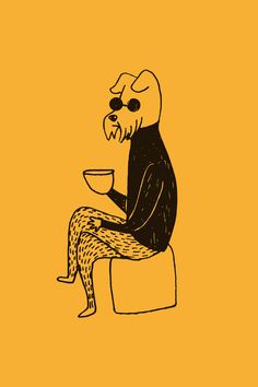 a drawing of a person sitting on a stool with a cup in their hand and wearing sunglasses