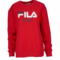 Fila Womens Red Logo Crewneck Sweatshirt New Small And Medium #B34 Shipped With Usps. Really Fast Shipping. Same Or Next Day Shipping. Thank You Red Crew Neck Top With Ribbed Cuffs, Red Crew Neck Top With Letter Print, Red Crew Neck Casual Sweater, Casual Red Crew Neck Sweater, Casual Red Crew Sweatshirt, Casual Red Crew Neck Sweatshirt, Fila Logo, Red Logo, Lady In Red