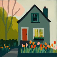 a painting of a house with tulips in the foreground