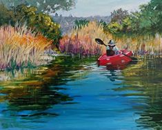 a painting of a person in a kayak paddling down a river surrounded by tall grass