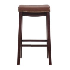 a brown leather bar stool against a white background with the seat upholstered to the back