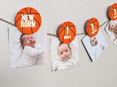 some pictures are hanging on a rope with basketballs