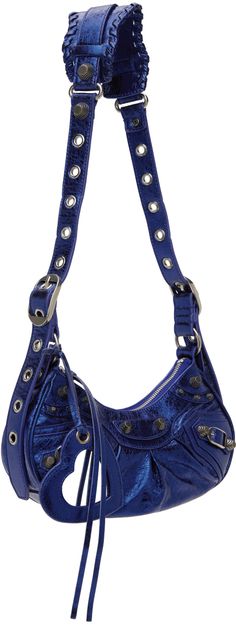 Crinkled Arena lambskin shoulder bag in metallic blue. · Pin-buckle shoulder strap · Detachable mirror at shoulder strap · Studs and pin-buckle straps at face · Gathering at face · Zip closure · Cotton canvas lining · Antiqued silver-tone hardware · H5 x W10 x D2.5 in Supplier color: Met cobalt Balenciaga Blue, Blue Pin, Metallic Blue, Cobalt, Antique Silver, The Face, Balenciaga, Cotton Canvas, Silver Tone