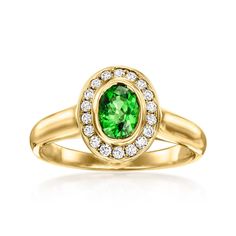 Ross-Simons - C. 1980 Vintage 1.15ct Tsavorite, .25ct t. w. Diamond Ring Oval Cut Size 7. C. 1980. Say hello to gorgeous green! Our verdant Estate collection ring spotlights a vivid 1.15 carat oval tsavorite encircled by .25 ct. t. w. round brilliant-cut diamonds in a classic halo design. Finely crafted in polished 14kt yellow gold. 7/16" wide. Diamond and tsavorite ring. Exclusive, one-of-a-kind Estate Jewelry. Tsavorite Ring, Antique Jewelry Rings, Gold C, Halo Design, Fine Jewelery, Ring Oval, Round Brilliant Cut Diamond, Diamond Stone, Brilliant Cut Diamond