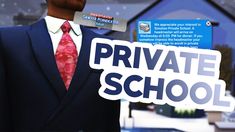 a fake man wearing a suit and tie with a private school sign attached to it