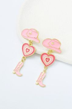 The perfect earrings for any cowgirl (; Cowgirl Hat Earrings Pink, Trendy Adjustable Drop Clip-on Earrings, Trendy Dangle Heart Earrings With Ear Wire, Cute Single Dangle Earring, Trendy Dangle Matching Earrings Jewelry, Trendy Adjustable Sterling Silver Earrings, Trendy Sterling Silver Earrings, Trendy Pink Sterling Silver Jewelry, Cute Pink Metal Earrings