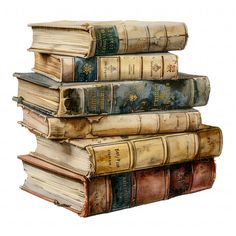 a stack of old books sitting next to each other in front of a white background