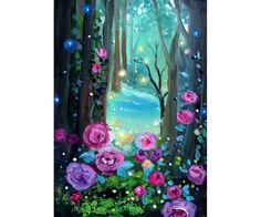 a painting of flowers and trees in the woods with lights coming out from behind them