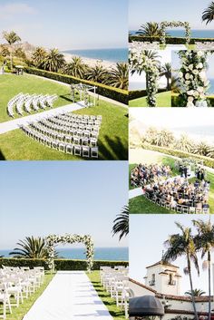 The ceremony site at Bel Air Bay Club boasts a generous green manicured lawn with towering palms overlooking an unobstructed view of the Pacific Ocean, Santa Monica, and Malibu beaches. Beach Wedding Venues California, Malibu Wedding Venues, Malibu Beach Wedding, Manicured Lawn, Black Tuxedos, Ocean View Wedding, California Beach Wedding, Two Grooms