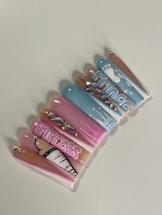 Gender Reveal Acrylic Nails, Nail Technician Aesthetic, Gender Reveal Nails Ideas, Reveal Nails, Nails Packaging, Xxl Nails, Gender Reveal Nails, Character Nails, Swirl Nail Art