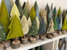 there are many small trees on the shelf next to each other, all in different colors