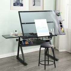 This tilting surface table can work perfectly as a decent drawing table, a spacious writing/computer table or a light table. It provides sufficient storage space for stationery, paints and laptop. This Table with Hand lifting,it can Height adjustment is 75cm-120cm,there are 2 metal drawers can meet various storage needs,The artist table can be tilted at an angle range of 0 to 75 degrees.The transparent glass countertop makes the piece a light table for drawing and sketching precise diagrams. Per Artist Drawing Table, Art Desks, Architect Table, Drafting Tables, Drawing Desk, Glass Countertops, Drafting Table, Drawing Table, Craft Desk