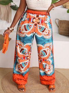 Multicolor Boho Collar  Woven Fabric All Over Print Straight Leg Embellished Non-Stretch  Women Plus Clothing Multicolor Vacation Pants With Elastic Waistband, Multicolor Pants With Elastic Waistband For Beach Season, Casual Printed Pants For Beach Season, Multicolor Vacation Pants With Pockets, Multicolor Beach Season Pants, Non-stretch Printed Pants For The Beach, High Waist Multicolor Pants For Vacation, Trendy Multicolor Beach Pants, Multicolor Wide-leg Beach Pants