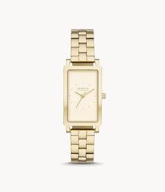 This Hagen features a 43x22mm rectangular case with a champagne sandblast dial  three-hand movement and yellow gold stainless steel bracelet. The watch strap is interchangeable. Rectangular Quartz Watch For Everyday Use, Everyday Rectangular Watches With Metal Dial, Square Analog Watches, Rectangular Metal Dial Watch For Everyday Use, Everyday Watches With Bracelet Strap And Rectangular Dial, Everyday Gold Watch With Rectangular Dial, Gold Square Analog Watch, Gold Square Analog Watches, Gold Square Watch With Metal Dial