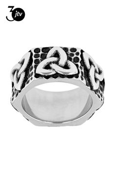 a silver ring with an intertwined design on the front and sides, in two different colors