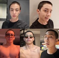 four different pictures of men with no shirts and one man without shirt wearing glasses looking at the camera