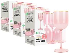 pink wine glasses with gold rims are shown in three different sizes and packaging boxes