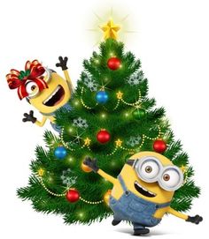 two minion characters are standing next to a christmas tree with decorations on it and one has his hand up in the air