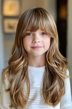 Embrace low maintenance long hair in 2024 with layers for shape and bangs for added personality.  Here are 49 trending ideas! 👆 Click for more ideas！ Hair Cuts For Little Kids, Hair Cuts For Kids Girls Summer, Bangs Kids Girls, Kid Haircut With Bangs, Bangs For Kids With Long Hair, Hair Cuts For 6 Year Girl, Kid Bangs Girls, Kids Fringe Hairstyles, Girls Hair Cuts 2024 Trends