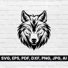 a black and white wolf head with the words svg, epsp, dxf