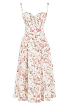 Freshen up your garden-party style in a bustier sundress fashioned with a drawstring-tie sweetheart neck, lace-up back and a thigh-baring slit. Exclusive retailer 48 length (size Medium) Sweetheart neck Lined, with padded cups and boning in bodice 65% cotton, 32% nylon, 3% polyester Dry clean Imported Plus-koon Muoti, Floral Bustier, Waist Shapers, Summer Garden Party, Midi Sundress, Estilo Chic, Bustier Dress, Rock Design, Yellow Print