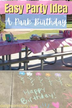 an outdoor birthday party with chalk writing on the ground and a picnic table set up outside