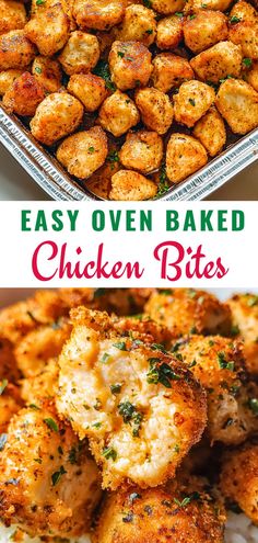 baked chicken bites with parmesan cheese and herbs on top, in a casserole dish