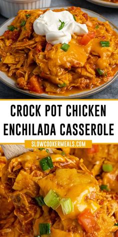 Crock pot chicken enchilada casserole on a plate with sour cream Chx Crockpot Recipes, Fall Crockpot Meals Easy Recipes, Easy Meals For Dinner Few Ingredients, Enchilada Casserole In Crockpot, The Best Chicken Crockpot Recipes, Easy Yummy Crockpot Dinners, Healthy Chicken Enchiladas Crock Pot, Easy Crockpot Chicken Recipes Mexican, Chicken Enchiladas Slow Cooker Recipes