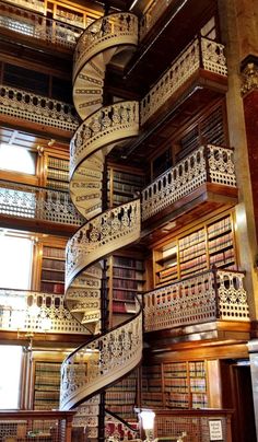 a spiral staircase in the middle of a library filled with books