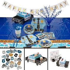 a police themed birthday party with blue and white decorations