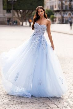 Estafania - Baby Blue Beaded Tulle Gown with A-Line Skirt & Side Slit Blue Lace Wedding Dress, Blue Wedding Gowns, Ethereal Gown, Blue Beach Wedding, Blue Wedding Dress, Light Blue Wedding, Bridal Dresses Lace, Lace Beach Wedding Dress, Beaded Tulle