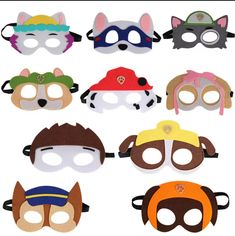 a group of masks with different types of animals on them, all in different colors