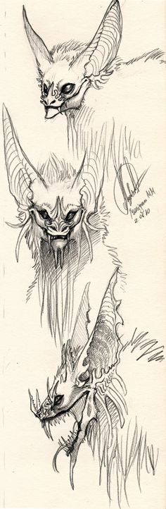 three drawings of dragon heads with long horns