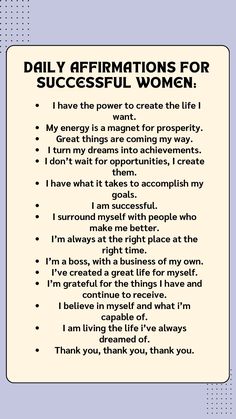 a sign that says, daily affirmitions for successful women i have the power to create the life