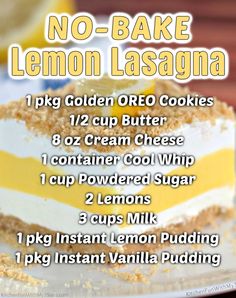 no - bake lemon lasagna recipe on a white plate with text overlay