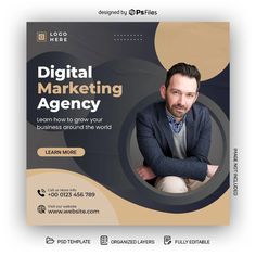 a flyer for a digital marketing company with a man in a suit and tie on it