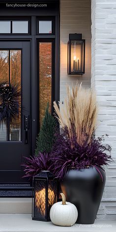 two black vases filled with plants next to a door