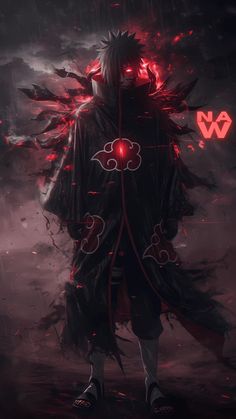 an anime character standing in the rain with red lights on his face and hands behind him