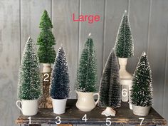 a group of small christmas trees sitting on top of a table next to each other