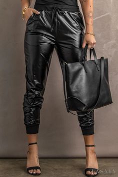 Lasaky - Rock and Roll Faux Leather Joggers Rock And Roll Women, Black Leather Joggers, Faux Leather Joggers, Hip Hop Street Style, Leather Jogger Pants, Leather Joggers, Jumpsuit Casual, Cuffed Pants, Faux Leather Pants