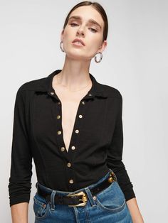 Your classic collared button up with front seams for a flattering touch. Keep it buttoned for a perfectly polished look, or let a few loose when those happy hour plans happen… (This one comes in Jet Black.) | Jarah Top in Jet Black | Ethical Essentials Nation Ltd, Top With Buttons, Athleisure Women, Mens Loungewear, Mens Flannel, Performance Wear, Mens Big And Tall, Mens Swimwear, Polished Look