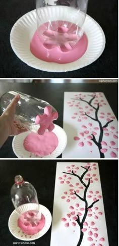 some paper plates with pink and black designs on them, one is made to look like a tree