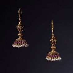 Hanging Gold Earrings Design, Studs Earrings Gold India, Pearl Ear Rings, Gold Ear Rings, Ruby And Pearl, Pearl Earrings Designs