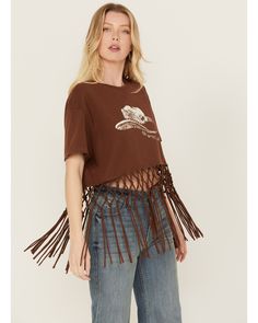 Brown Cowgirl Hat, Fringe Tee Shirt, Cowboy Graphic, Fringe Tee, Brown Design, Cowgirl Hat, Western Hats, Cowgirl Hats, Cowboy Hat