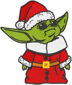 the child yoda star wars character wearing a santa hat and red suit with white trim