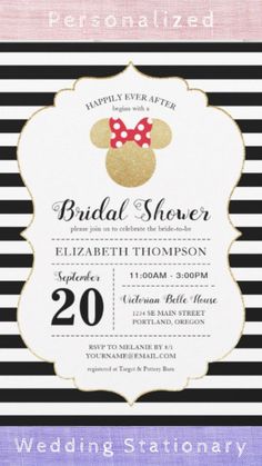 Minnie Mouse | Gold Striped Bridal Shower Invitation Mini Mouse Bridal Shower Ideas, Disney Themed Bridal Shower Invitations, Mickey Bridal Shower Ideas, Minnie Mouse Bridal Shower Ideas, Mickey And Minnie Bridal Shower Ideas, Disney Bridal Shower Invitations, Elegant Disney Bridal Shower Ideas, Disney Theme Bridal Shower Ideas, Disney Bridal Shower Ideas