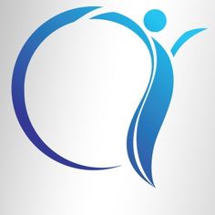 a blue and white logo with a person in the center