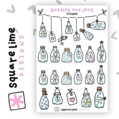 a sticker sheet with bottles and jars hanging from the line, on a white background