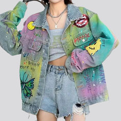 Introducing our 2023 Spring-Summer Collection of neon-stained painted denim oversized jackets the perfect combination of classic and contemporary style!Why You Should Add This Iconic Piece To Your WardrobeThis unique piece offers a modern twist on the classic denim jacket. with eye-catching neon stains and a butterfly print for a truly unique fashion statement. The oversized fit ensures comfort. while the buttoned closure adds a touch of sophistication.Distinctive Features: Y2K-Style: Take a wal Urban Denim Jacket With Relaxed Fit For Spring, Urban Style Relaxed Fit Denim Jacket For Spring, Summer Streetwear Washed Denim Jacket, Summer Washed Denim Jacket For Streetwear, Summer Washed Outerwear For Streetwear, Spring Streetwear Washed Denim Jacket, Casual Blue Outerwear With Graffiti Print, Casual Acid Wash Denim Jacket For Summer, Trendy Multicolor Spring Outerwear